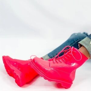 Qupid Vika Pink Neon Jelly Combat Boots Size 8